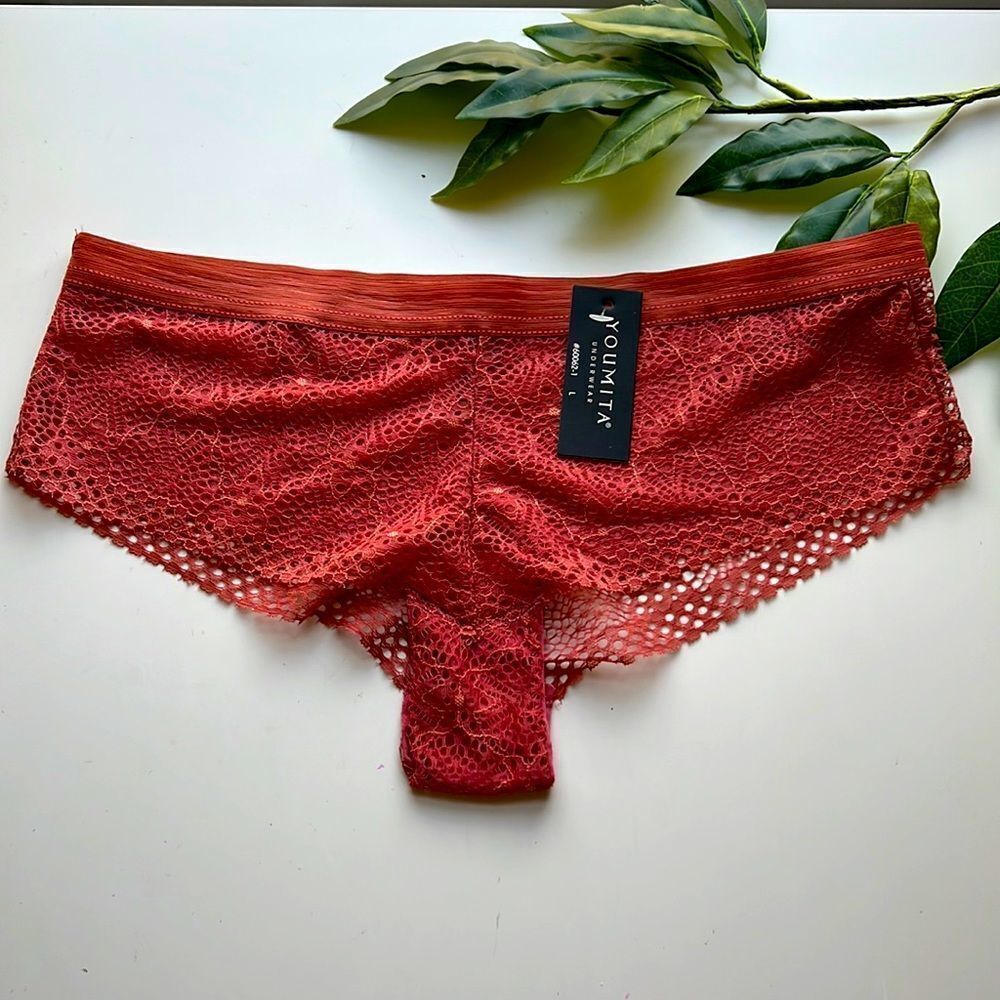 Youmita Orange Rust Lace Boy Shorts Sz L